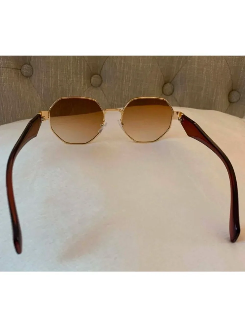 Unisex Vintage Style Octagonal Gold Frame Sunglasses W/ Gradient Tea Brown Lense